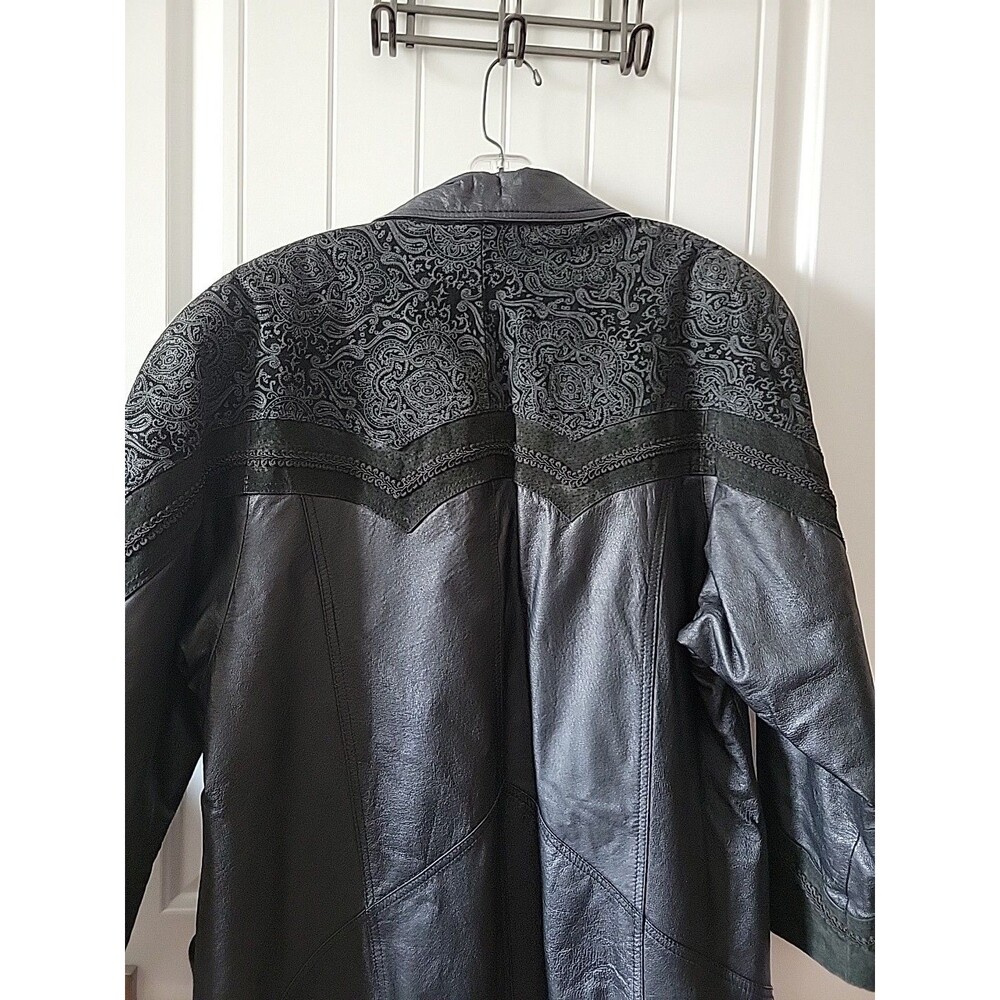 Vintage Winlit Leather Trench Coat Womens Large Black Paisley Embossed 80s 90s - Picture 11 of 13